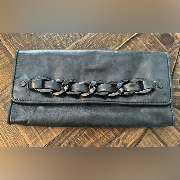 Michael Kors Leather Clutch, Grey Metallic, Gunmetal Chain Hardware - Picture 1 of 10